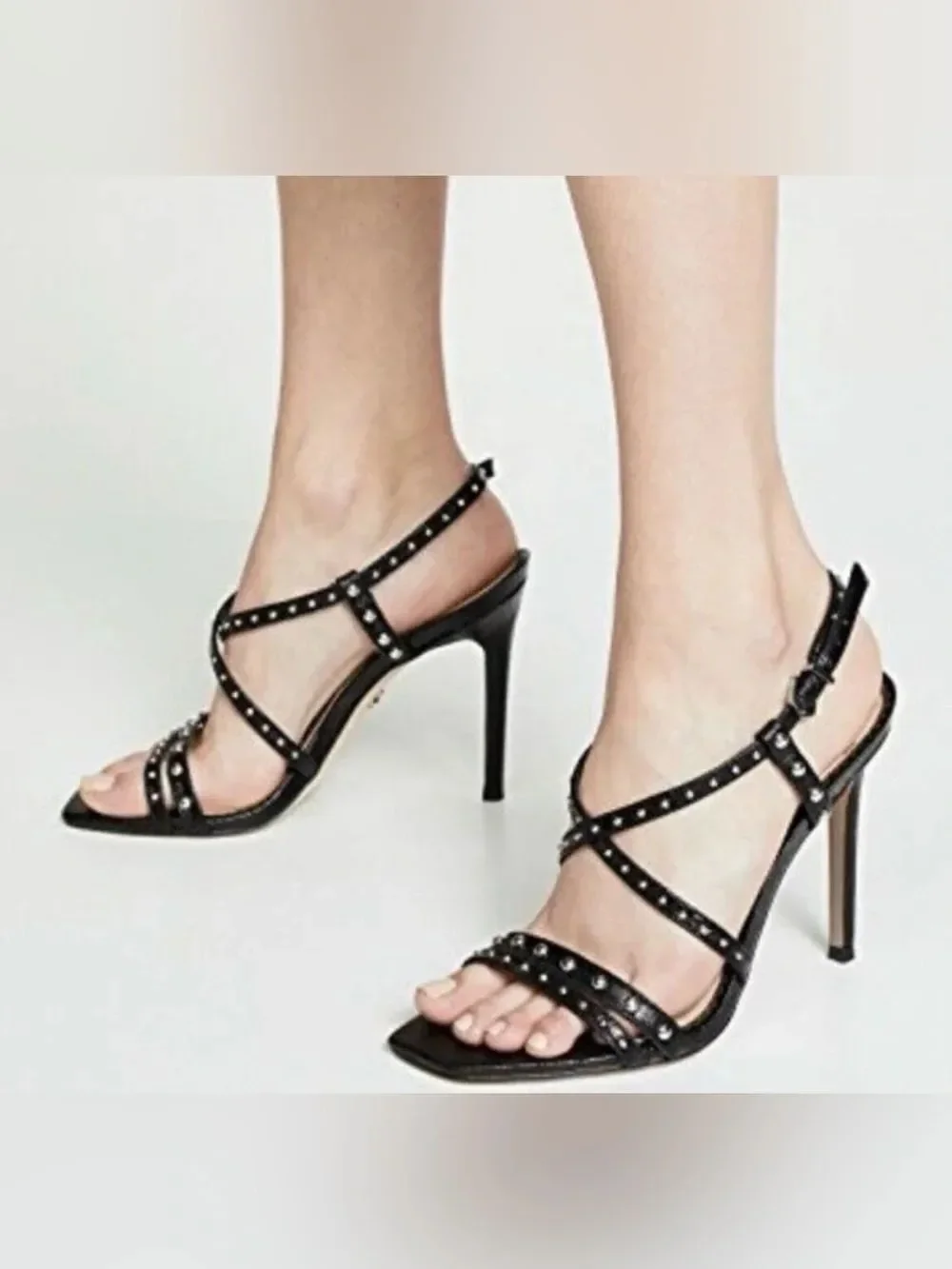 Sam Edelman LENNOX Black Glitter Silver Studded Strappy Open Toe Stiletto Heels